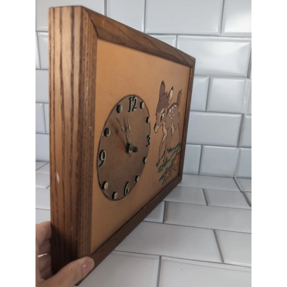 Vintage Hobbyist Clock Disney Bambi Wall Clock Framed Hand Tooled Leather By BoB